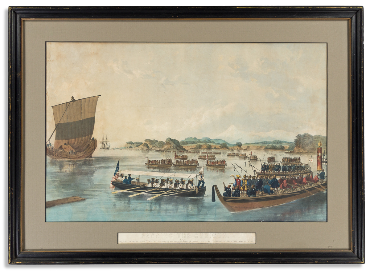 (COMMERCE & EXPANSION.) Sarony, lithographers; after Heine. Passing the Rubicon . . . through a Fleet of Japanese Boats